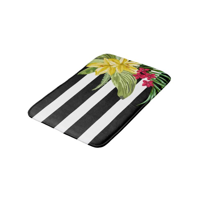 Black And White Stripes With Yellow Flowers Bath Mat (Angled)