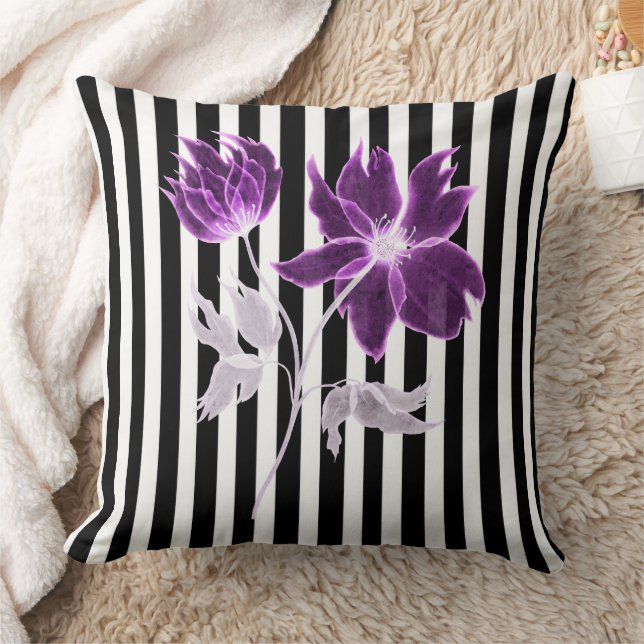 Black and White Stripes Xray Flower Watercolor Cushion (Blanket)