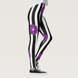 Black and White Stripes Xray Flower Watercolor Leggings