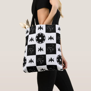 Black and White Stylish Chequered Floral Pattern Tote Bag