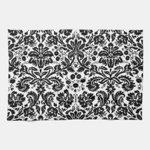 Black and white stylish damask pattern tea towel