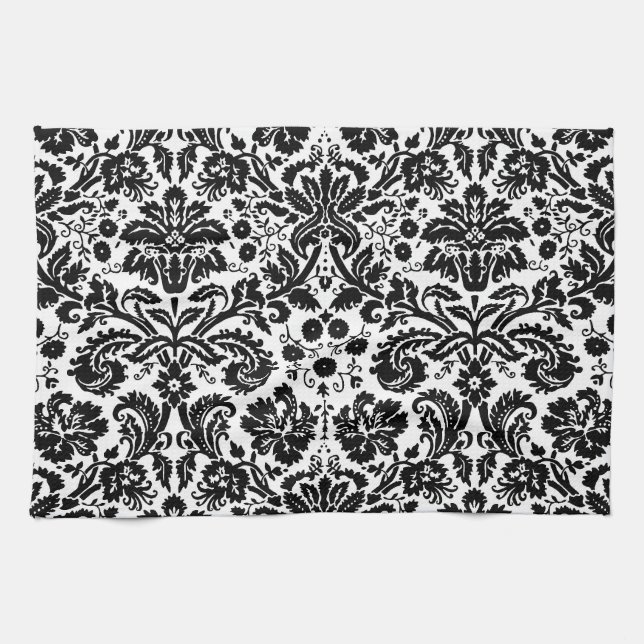 Black and white stylish damask pattern tea towel (Horizontal)