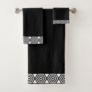 Black and White Stylish Geometric Frame on Black Bath Towel Set