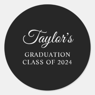 Black and White Stylish Script Graduation Classic Round Sticker