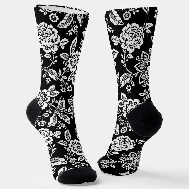 Black and White Stylized Floral Socks (Angled)