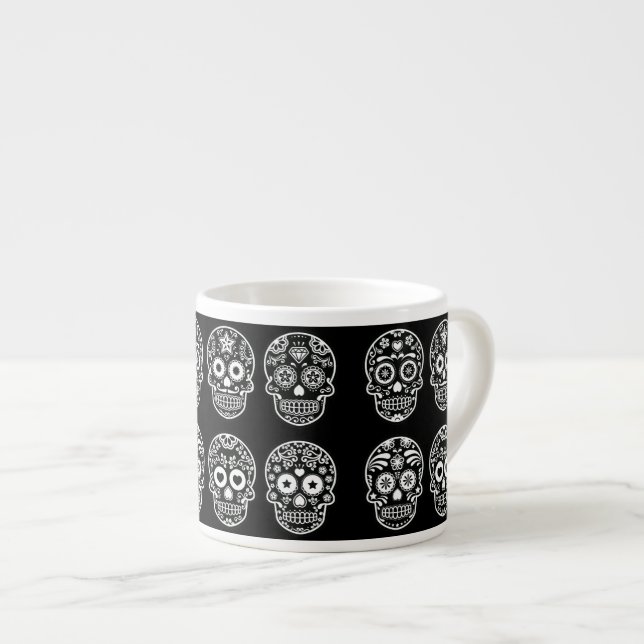 Black and White Sugar Skull Espresso Cup (Front Right)