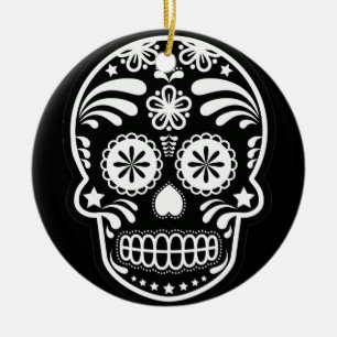 Black and White Sugar Skull Flower Ornament Round