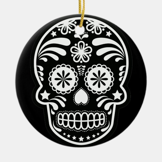 Black and White Sugar Skull Flower Ornament Round (Front)