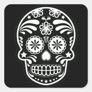 Black and White Sugar Skull Flower Square Sticker