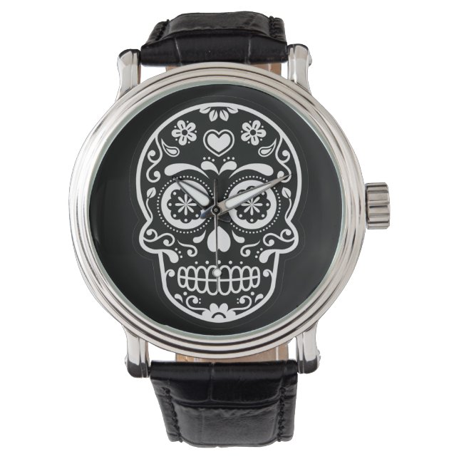 Black and White Sugar Skull Heart Watch (Front)