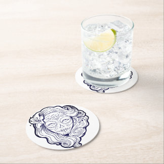 Black and White Sugar Skull Round Paper Coaster