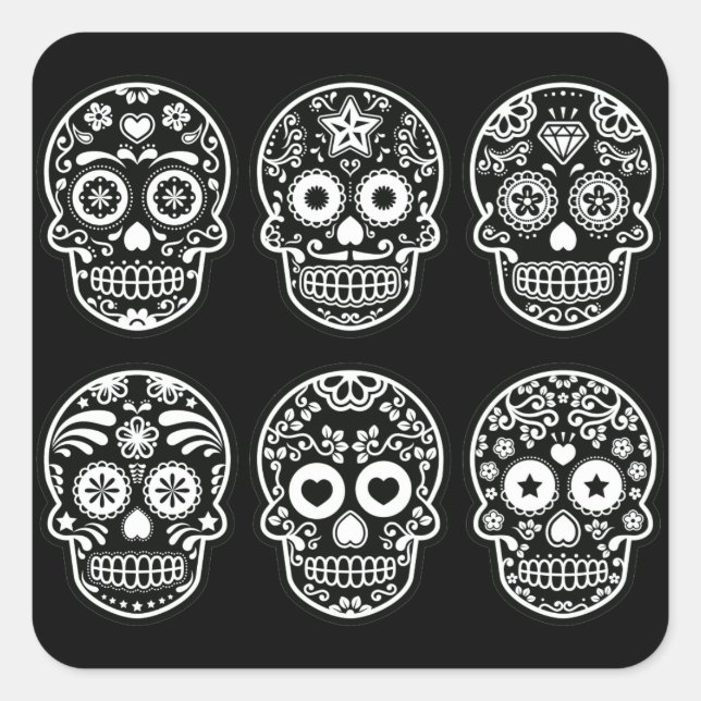 Black and White Sugar Skull Square Sticker (Front)