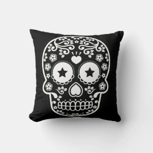 Black and White Sugar Skull Starry Eyes Pillow