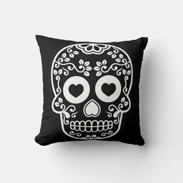 Black and White Sugar Skull Vine Pillow (Front)