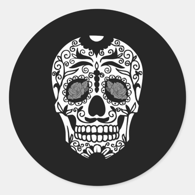 Black and White Sugar Skull With Rose Eyes Classic Round Sticker (Front)