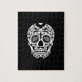 Black and White Sugar Skull With Rose Eyes Jigsaw Puzzle
