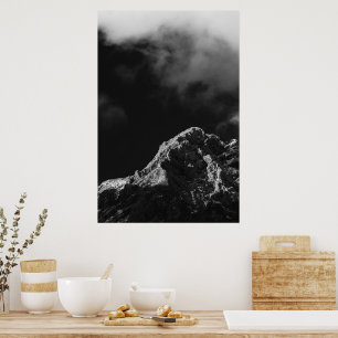 Black and white sun illuminated mountain poster