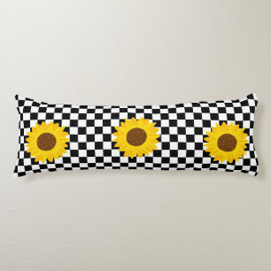 Black and White Sunflower Chequered Flower Pattern Body Cushion
