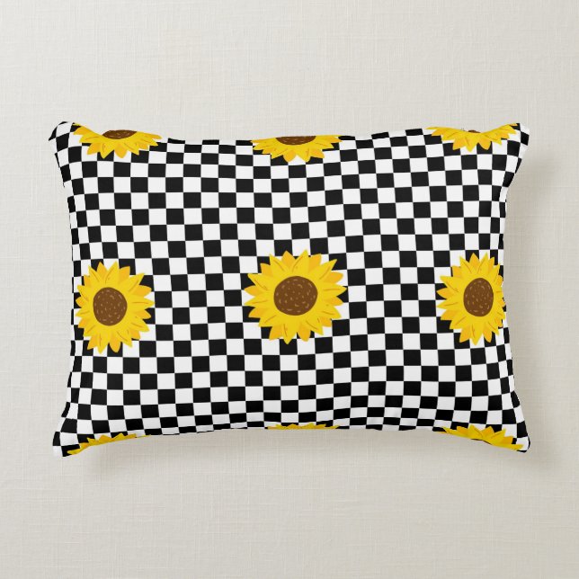 Black and White Sunflower Chequered Flower Pattern Decorative Cushion (Front)