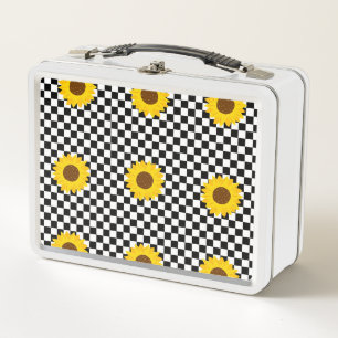 Black and White Sunflower Chequered Flower Pattern Metal Lunch Box