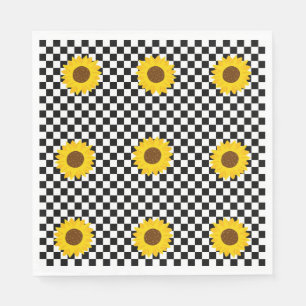 Black and White Sunflower Chequered Flower Pattern Napkin