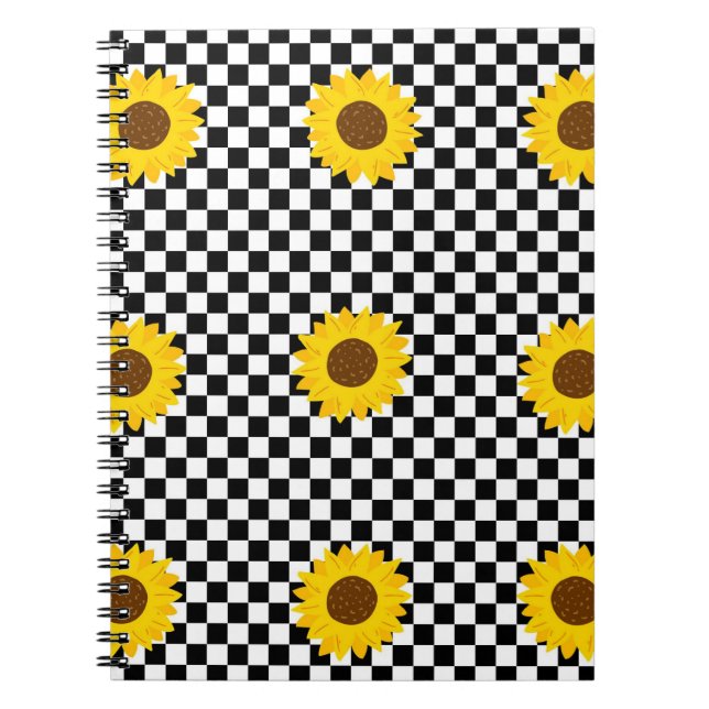 Black and White Sunflower Chequered Flower Pattern Notebook (Front)