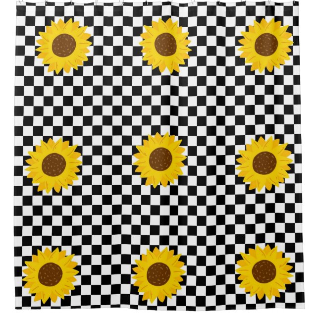 Black and White Sunflower Chequered Flower Pattern Shower Curtain (Front)