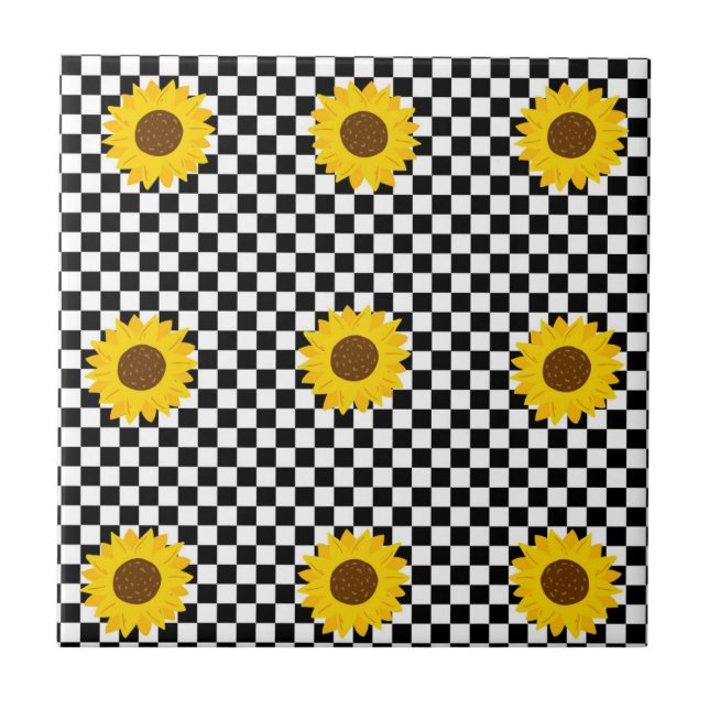 Black and White Sunflower Chequered Flower Pattern Tile (Front)