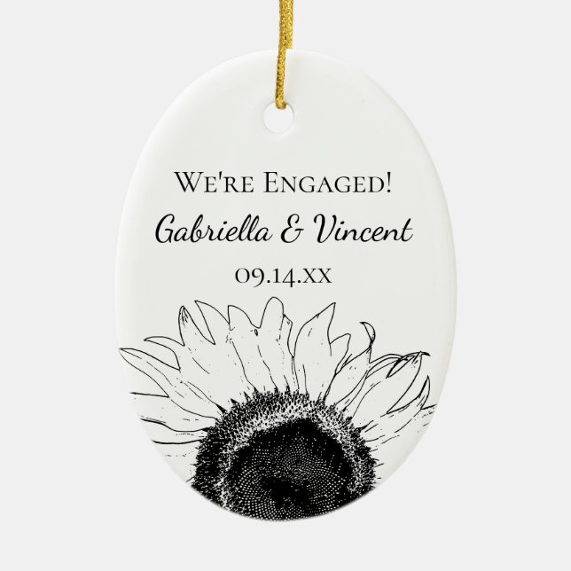 Black and White Sunflower Engagement Photo Ceramic Tree Decoration (Front)