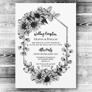 Black and White Sunflower Floral Wedding Reception Invitation