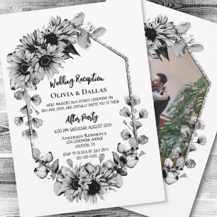 Black and White Sunflower Wedding Reception Invitation