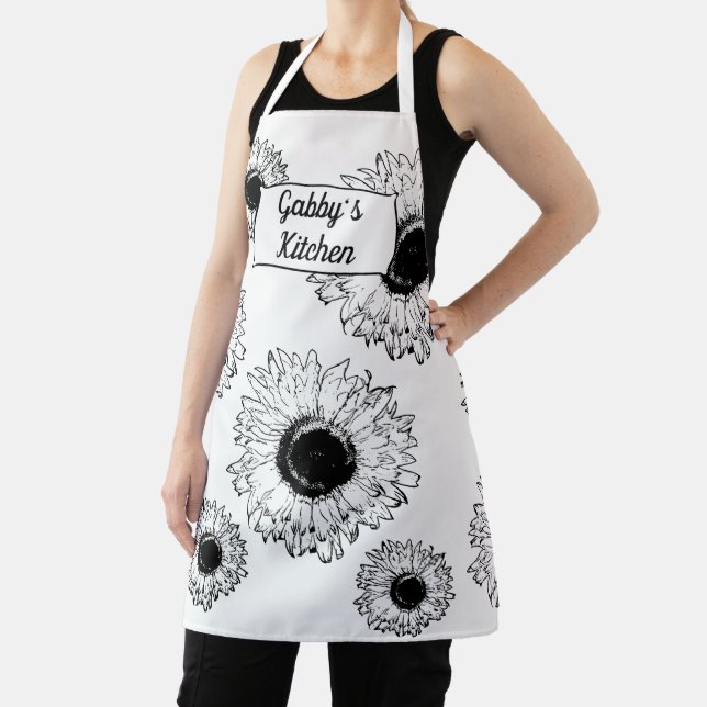 Black and White Sunflowers All-Over Print Apron (Insitu)