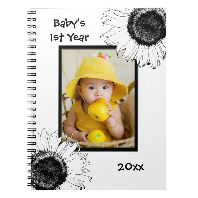 Black and White Sunflowers Baby's First Year Spiral Notebook (Front)