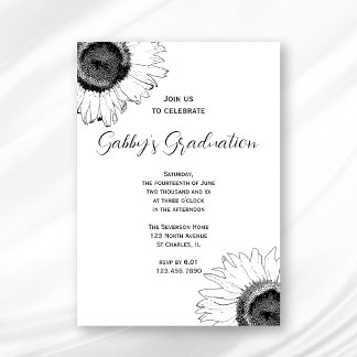 Black and White Sunflowers Graduation Party Invitation