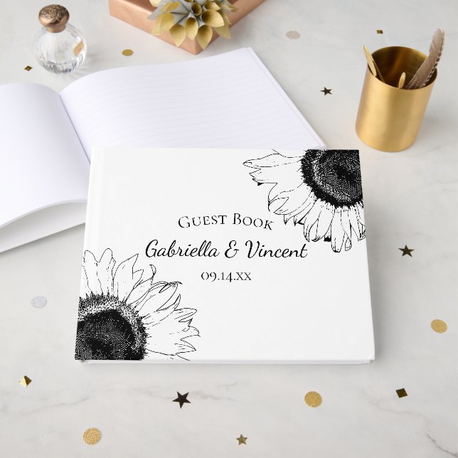 Black and White Sunflowers Wedding Guest Book (Front Open)