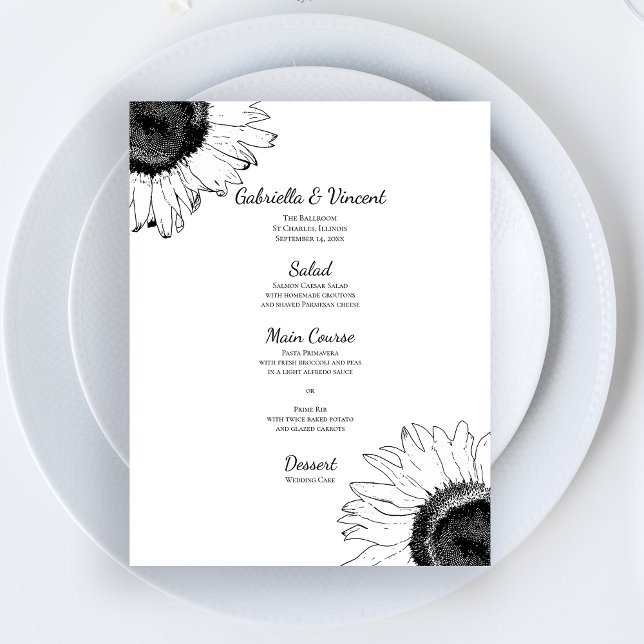 Black and White Sunflowers Wedding Menu (Creator Uploaded)