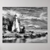 Black and White Sunset Ocean Lighthouse