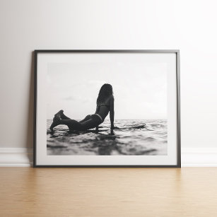 Black and White Surfer Girl in the Ocean Poster