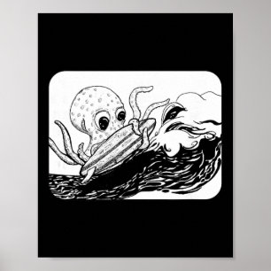 Black And White Surfing Octopus Poster