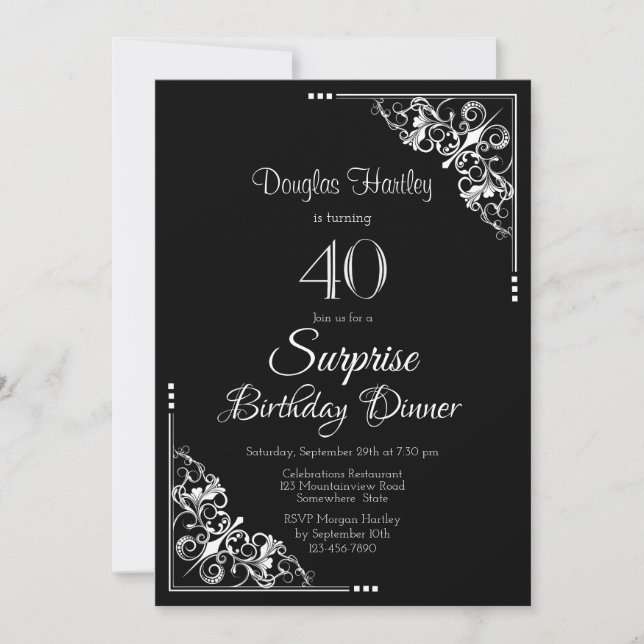 Black and White Surprise 40th Birthday Dinner Invitation (Front)