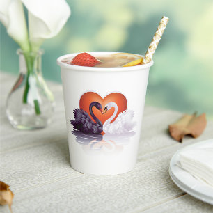 Black and White Swans in Love Heart Paper Cups