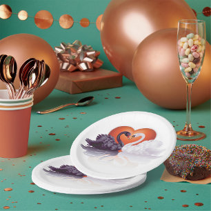 Black and White Swans in Love Heart Paper Plate