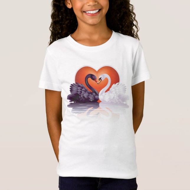 Black and White Swans in Love Heart T-Shirt (Front)