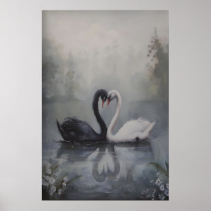 Black and White Swans in Misty Lake Dark Poster