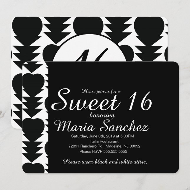 Black and White Sweet 16 Heart Birthday Party Invitation (Front/Back)