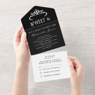 Black and White Sweet 16 Tiara Sixteen Modern All  In One Invitation