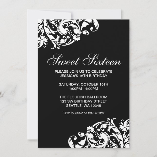 Black and White Swirl Flourish Sweet 16 Birthday Invitation (Front)