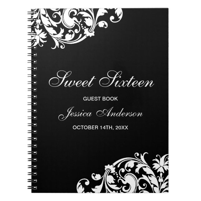 Black and White Swirl Flourish Sweet 16 Guest Book (Front)