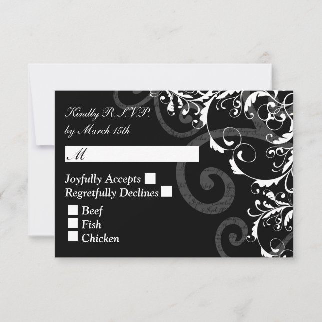 Black and White Swirl wedding RSVP Card (Front)
