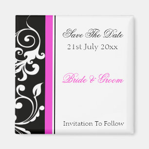 Black and White Swirl With Hot Pink Save The Date Magnet